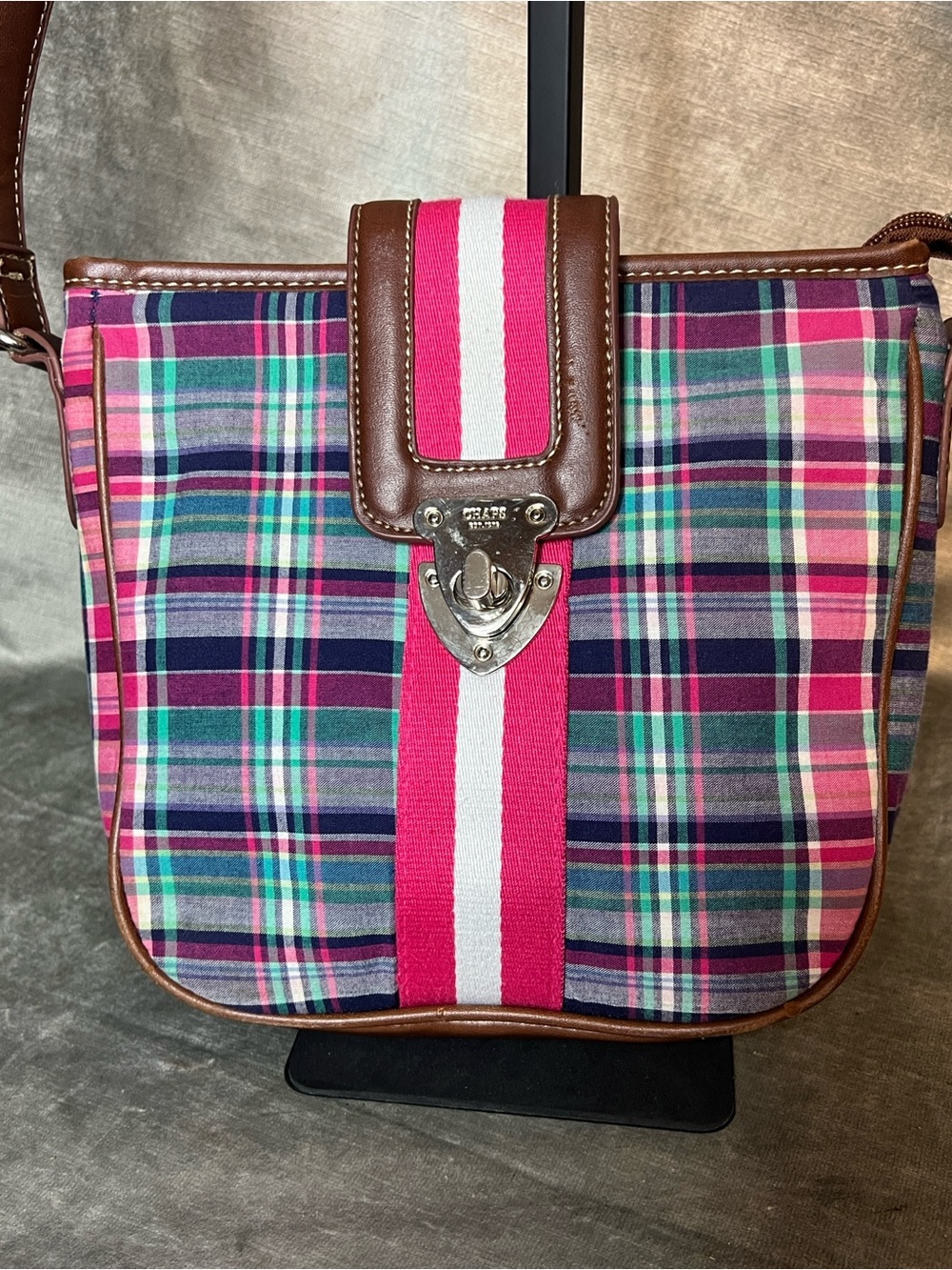 Chaps Crossbody Pink/Blue Plaid Handbag w/Adjustable Leather Strap.